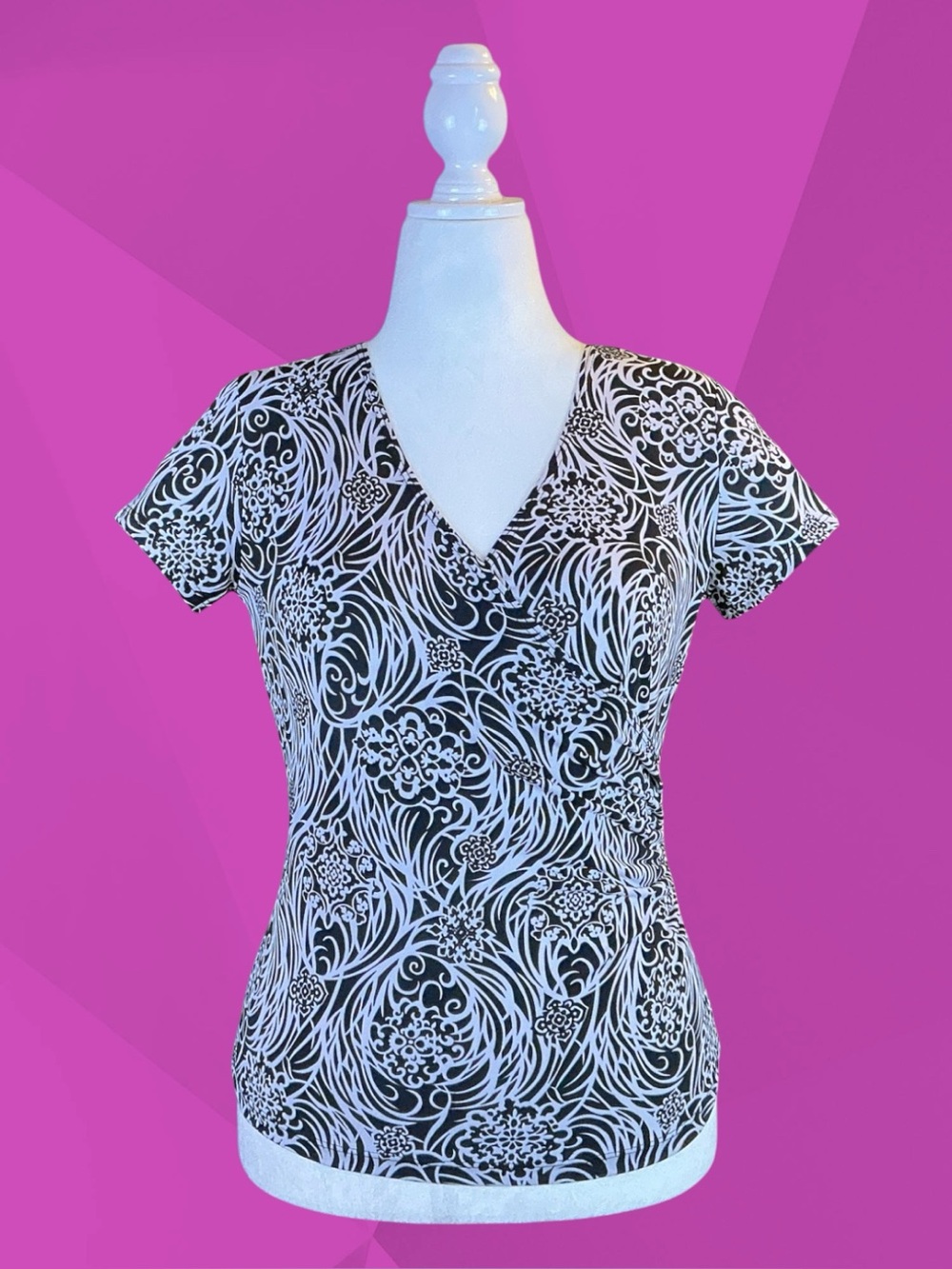 Vintage Carole Little 90s Classic Retro Boho Whimsigoth Floral Monochrome Top L